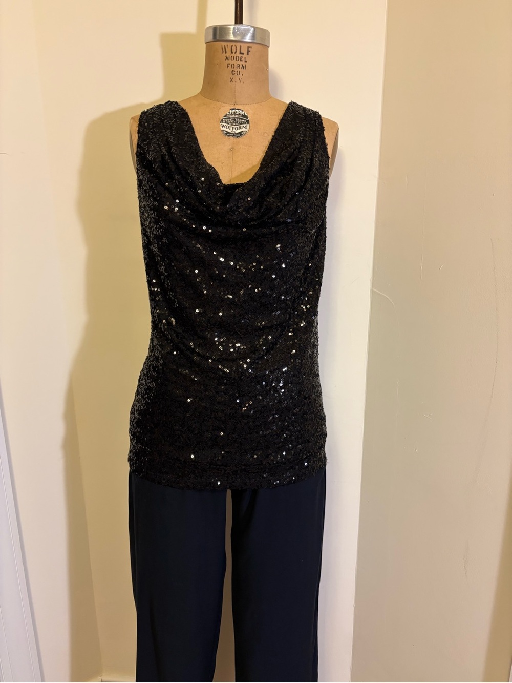 Adrienne Vittadini Black Sequin Cowl Neck Tank